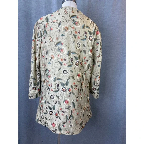 Embroidered Kimono Jacket Beige Floral Open Front Belted Women's M Bohemian - Picture 7 of 13